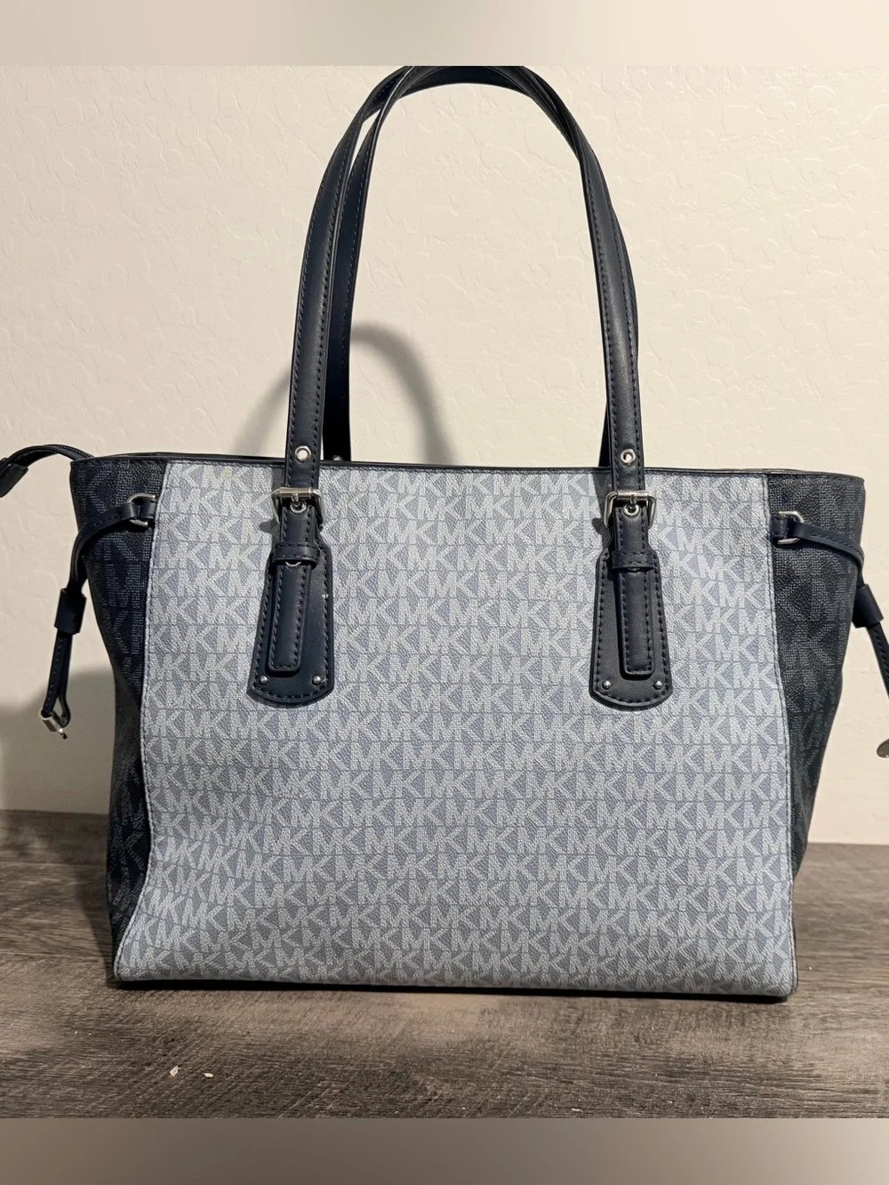 Michael Kors Light Blue MK Logo Tote with Navy Trim